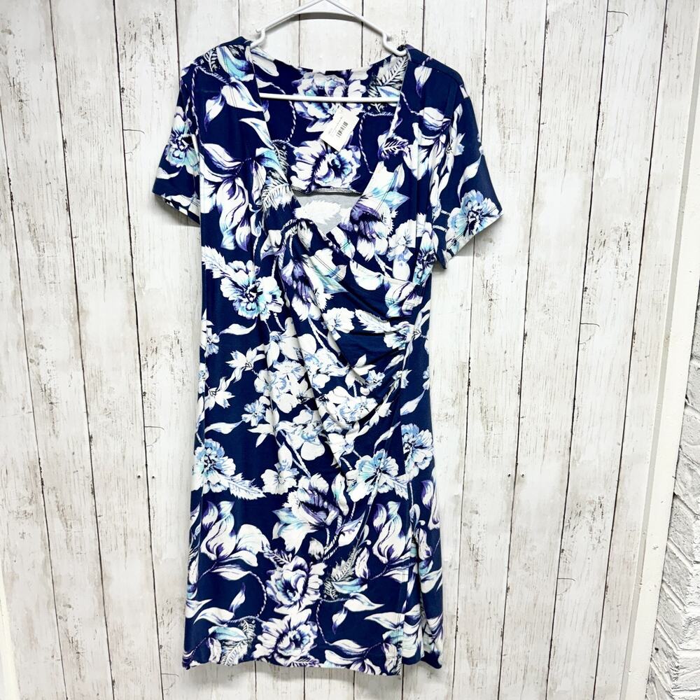 Soft Surroundings Petite Blue White Floral Cap Sleeve Faux Wrap Style Midi Dress